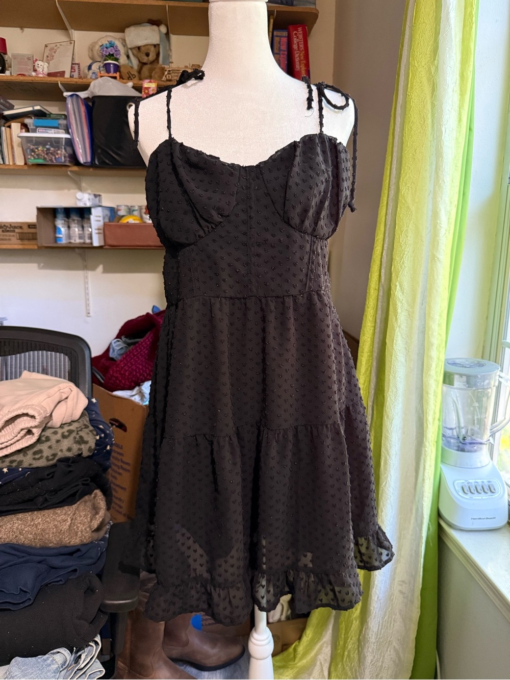 wild fable Black Tie-Shoulder Swiss Dot Mini Dress